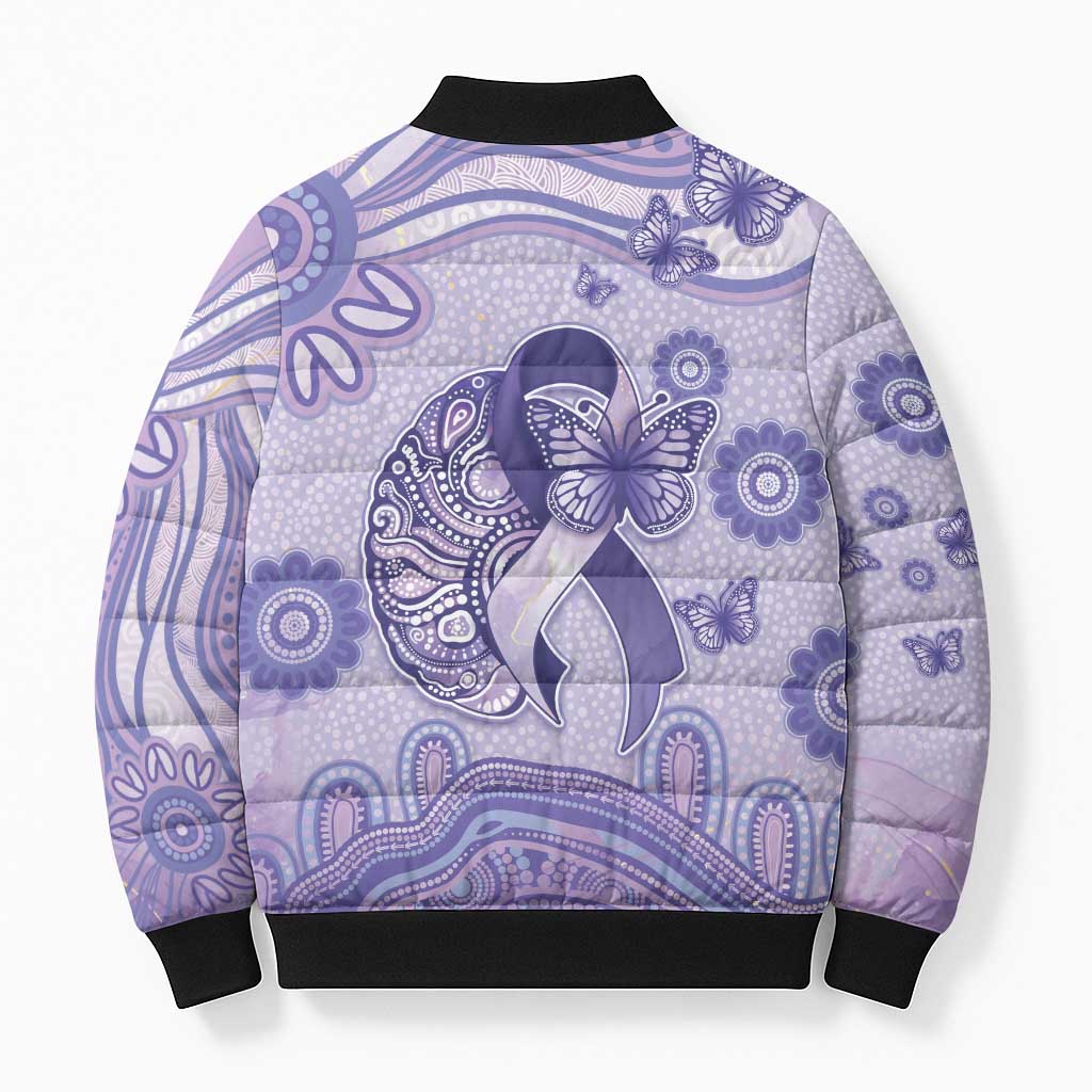 Personalised Epilepsy Awareness Bomber Puffer Jacket Purple Ribbon Butterfly And Brain Aboriginal Art