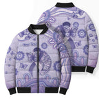 Personalised Epilepsy Awareness Bomber Puffer Jacket Purple Ribbon Butterfly And Brain Aboriginal Art