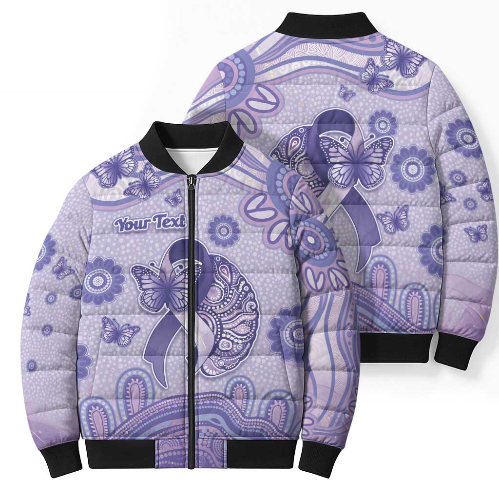 Personalised Epilepsy Awareness Bomber Puffer Jacket Purple Ribbon Butterfly And Brain Aboriginal Art