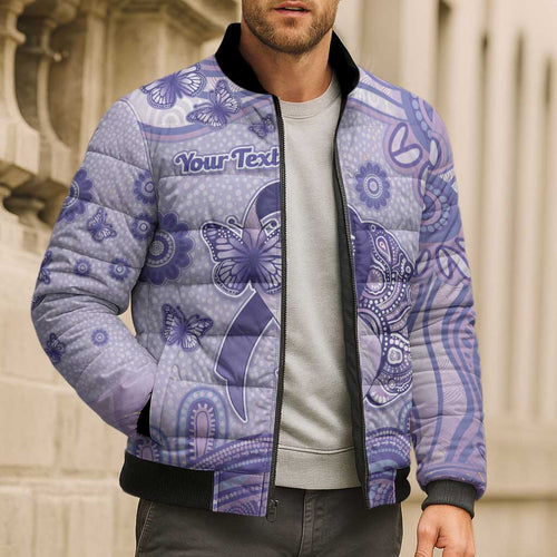 Personalised Epilepsy Awareness Bomber Puffer Jacket Purple Ribbon Butterfly And Brain Aboriginal Art