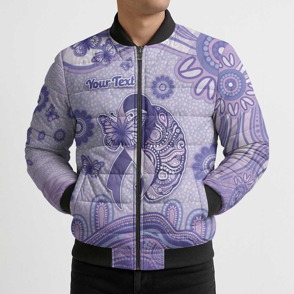 Personalised Epilepsy Awareness Bomber Puffer Jacket Purple Ribbon Butterfly And Brain Aboriginal Art