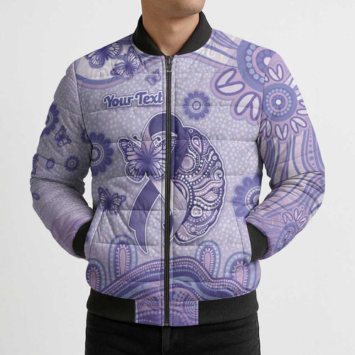Personalised Epilepsy Awareness Bomber Puffer Jacket Purple Ribbon Butterfly And Brain Aboriginal Art