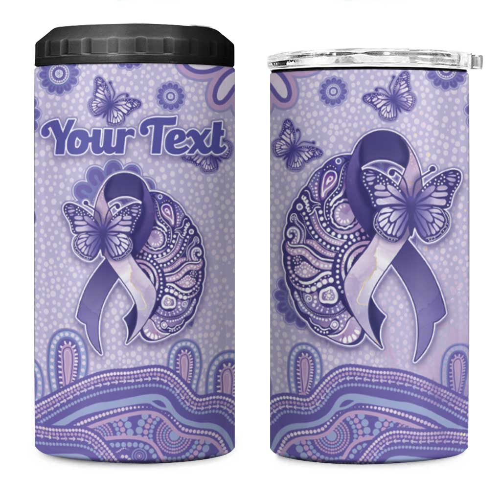 Personalised Epilepsy Awareness 4 in 1 Can Cooler Tumbler Purple Ribbon Butterfly And Brain Aboriginal Art