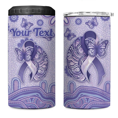 Personalised Epilepsy Awareness 4 in 1 Can Cooler Tumbler Purple Ribbon Butterfly And Brain Aboriginal Art