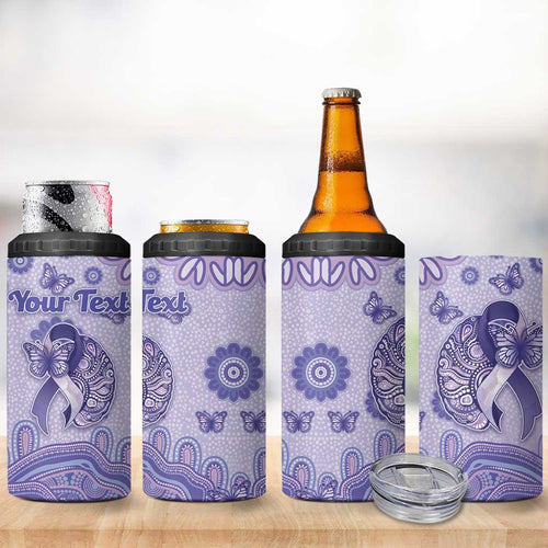 Personalised Epilepsy Awareness 4 in 1 Can Cooler Tumbler Purple Ribbon Butterfly And Brain Aboriginal Art