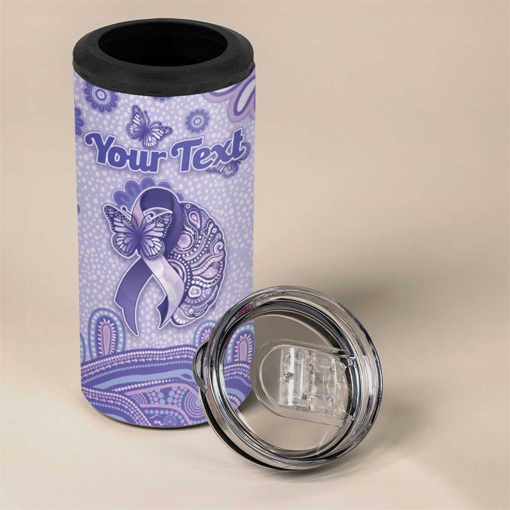 Personalised Epilepsy Awareness 4 in 1 Can Cooler Tumbler Purple Ribbon Butterfly And Brain Aboriginal Art