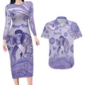 Personalised Epilepsy Awareness Couples Matching Long Sleeve Bodycon Dress and Hawaiian Shirt Purple Ribbon Butterfly And Brain Aboriginal Art