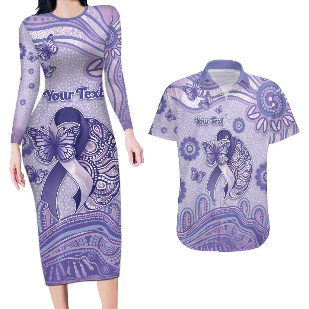 Personalised Epilepsy Awareness Couples Matching Long Sleeve Bodycon Dress and Hawaiian Shirt Purple Ribbon Butterfly And Brain Aboriginal Art