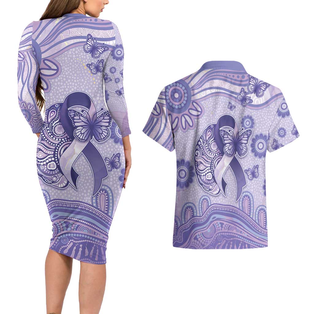 Personalised Epilepsy Awareness Couples Matching Long Sleeve Bodycon Dress and Hawaiian Shirt Purple Ribbon Butterfly And Brain Aboriginal Art