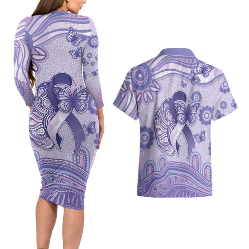 Personalised Epilepsy Awareness Couples Matching Long Sleeve Bodycon Dress and Hawaiian Shirt Purple Ribbon Butterfly And Brain Aboriginal Art