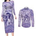 Personalised Epilepsy Awareness Couples Matching Long Sleeve Bodycon Dress and Long Sleeve Button Shirt Purple Ribbon Butterfly And Brain Aboriginal Art