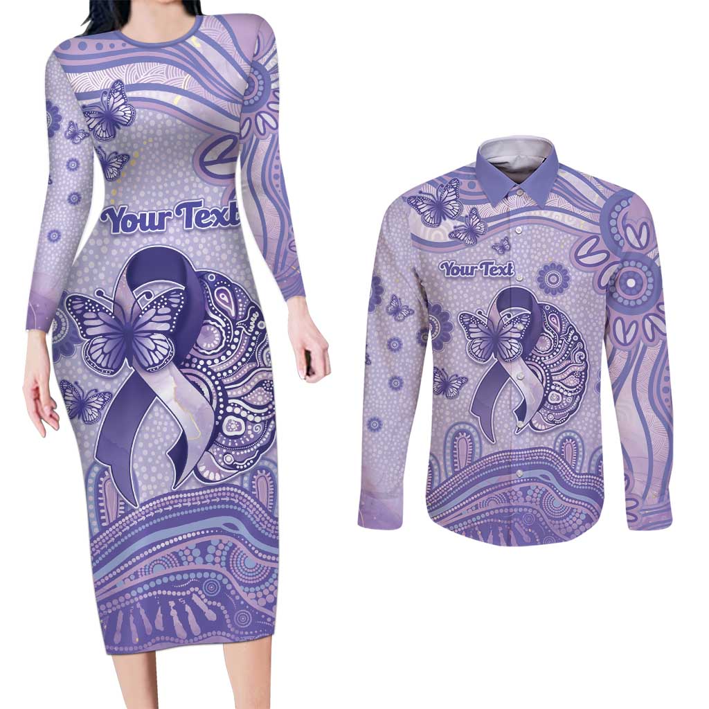 Personalised Epilepsy Awareness Couples Matching Long Sleeve Bodycon Dress and Long Sleeve Button Shirt Purple Ribbon Butterfly And Brain Aboriginal Art
