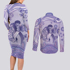 Personalised Epilepsy Awareness Couples Matching Long Sleeve Bodycon Dress and Long Sleeve Button Shirt Purple Ribbon Butterfly And Brain Aboriginal Art