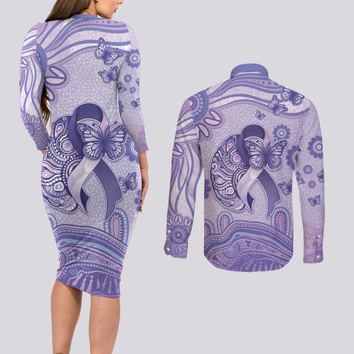 Personalised Epilepsy Awareness Couples Matching Long Sleeve Bodycon Dress and Long Sleeve Button Shirt Purple Ribbon Butterfly And Brain Aboriginal Art