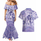 Personalised Epilepsy Awareness Couples Matching Mermaid Dress and Hawaiian Shirt Purple Ribbon Butterfly And Brain Aboriginal Art