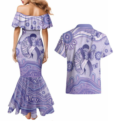 Personalised Epilepsy Awareness Couples Matching Mermaid Dress and Hawaiian Shirt Purple Ribbon Butterfly And Brain Aboriginal Art