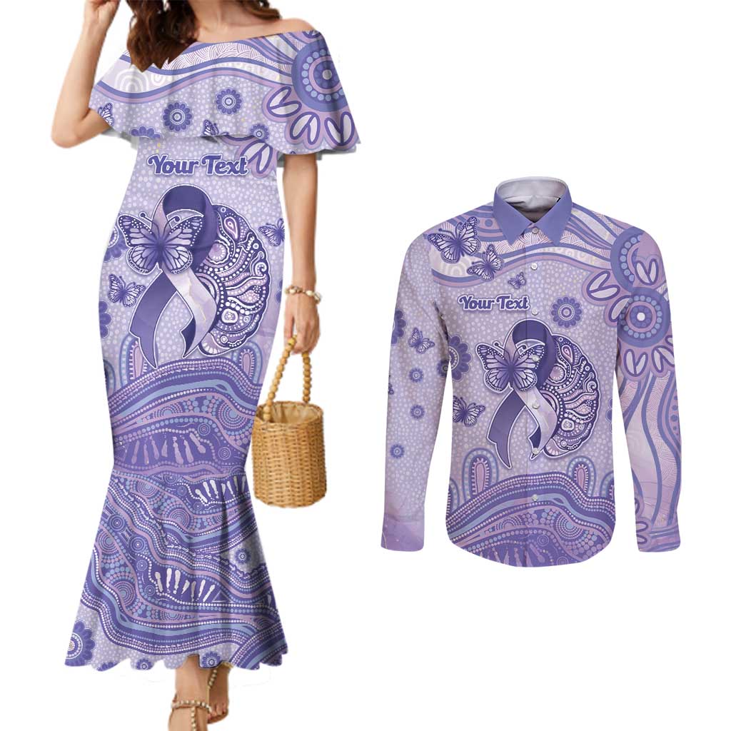 Personalised Epilepsy Awareness Couples Matching Mermaid Dress and Long Sleeve Button Shirt Purple Ribbon Butterfly And Brain Aboriginal Art