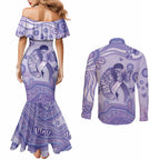 Personalised Epilepsy Awareness Couples Matching Mermaid Dress and Long Sleeve Button Shirt Purple Ribbon Butterfly And Brain Aboriginal Art