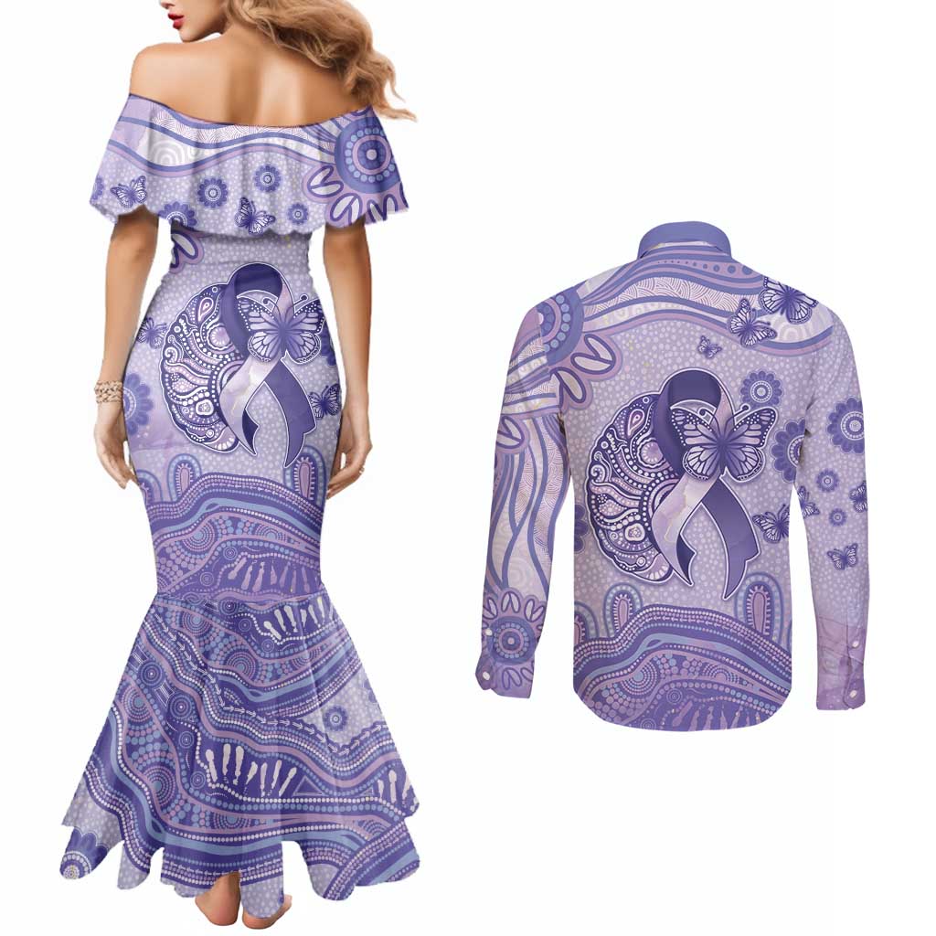 Personalised Epilepsy Awareness Couples Matching Mermaid Dress and Long Sleeve Button Shirt Purple Ribbon Butterfly And Brain Aboriginal Art