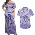 Personalised Epilepsy Awareness Couples Matching Off Shoulder Maxi Dress and Hawaiian Shirt Purple Ribbon Butterfly And Brain Aboriginal Art