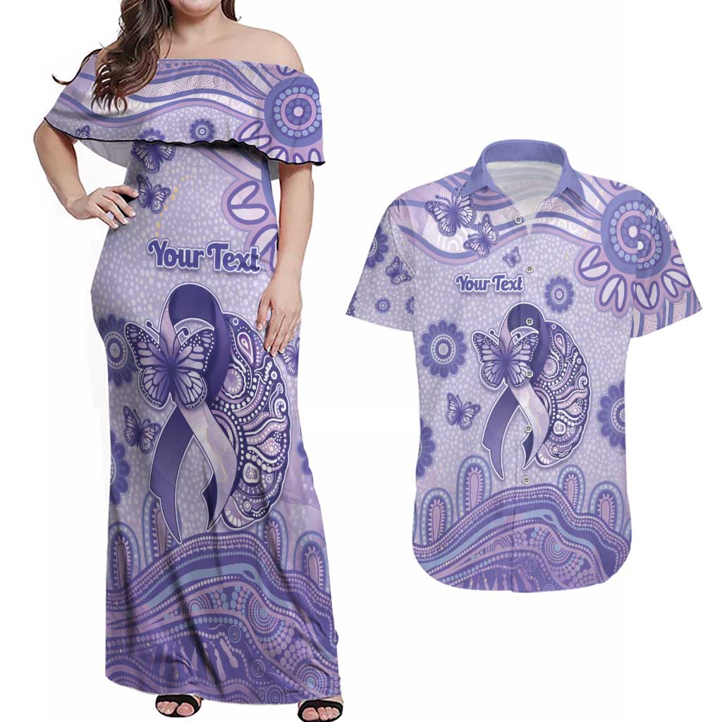 Personalised Epilepsy Awareness Couples Matching Off Shoulder Maxi Dress and Hawaiian Shirt Purple Ribbon Butterfly And Brain Aboriginal Art