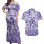 Personalised Epilepsy Awareness Couples Matching Off Shoulder Maxi Dress and Hawaiian Shirt Purple Ribbon Butterfly And Brain Aboriginal Art
