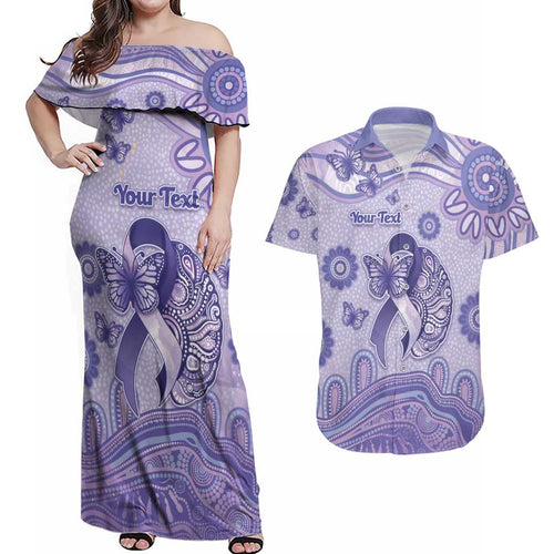 Personalised Epilepsy Awareness Couples Matching Off Shoulder Maxi Dress and Hawaiian Shirt Purple Ribbon Butterfly And Brain Aboriginal Art