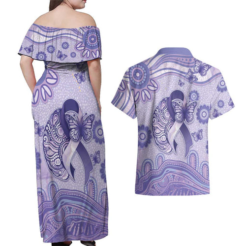 Personalised Epilepsy Awareness Couples Matching Off Shoulder Maxi Dress and Hawaiian Shirt Purple Ribbon Butterfly And Brain Aboriginal Art