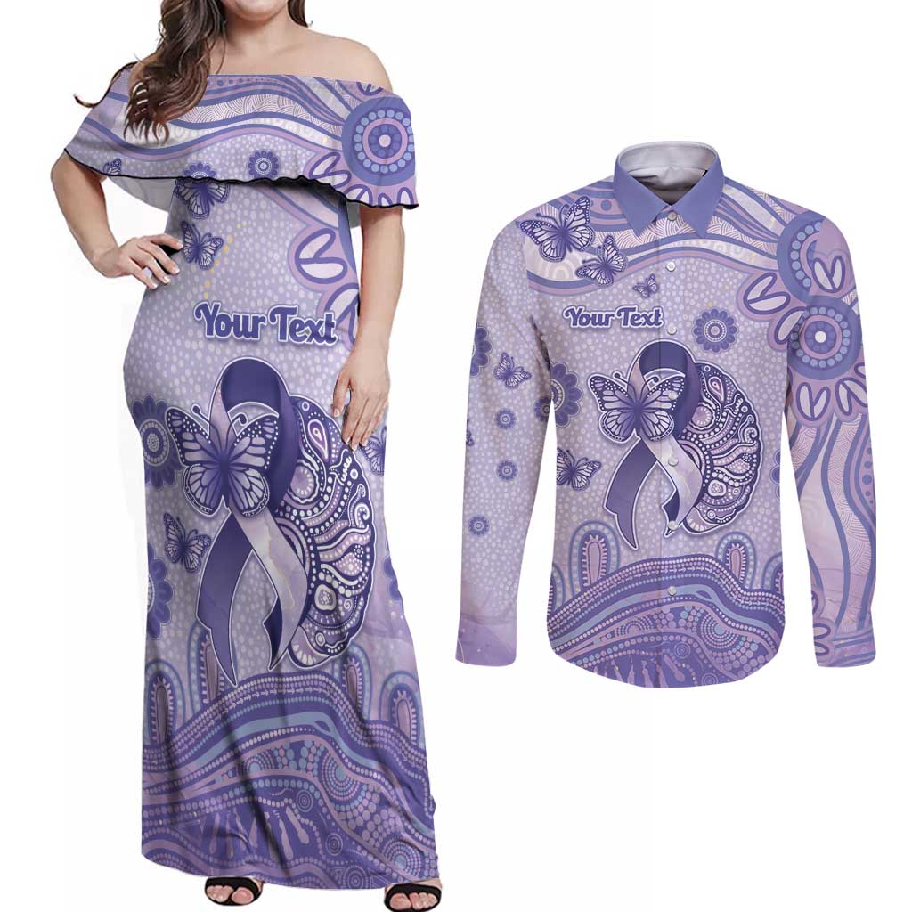 Personalised Epilepsy Awareness Couples Matching Off Shoulder Maxi Dress and Long Sleeve Button Shirt Purple Ribbon Butterfly And Brain Aboriginal Art