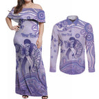 Personalised Epilepsy Awareness Couples Matching Off Shoulder Maxi Dress and Long Sleeve Button Shirt Purple Ribbon Butterfly And Brain Aboriginal Art