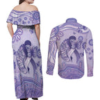 Personalised Epilepsy Awareness Couples Matching Off Shoulder Maxi Dress and Long Sleeve Button Shirt Purple Ribbon Butterfly And Brain Aboriginal Art