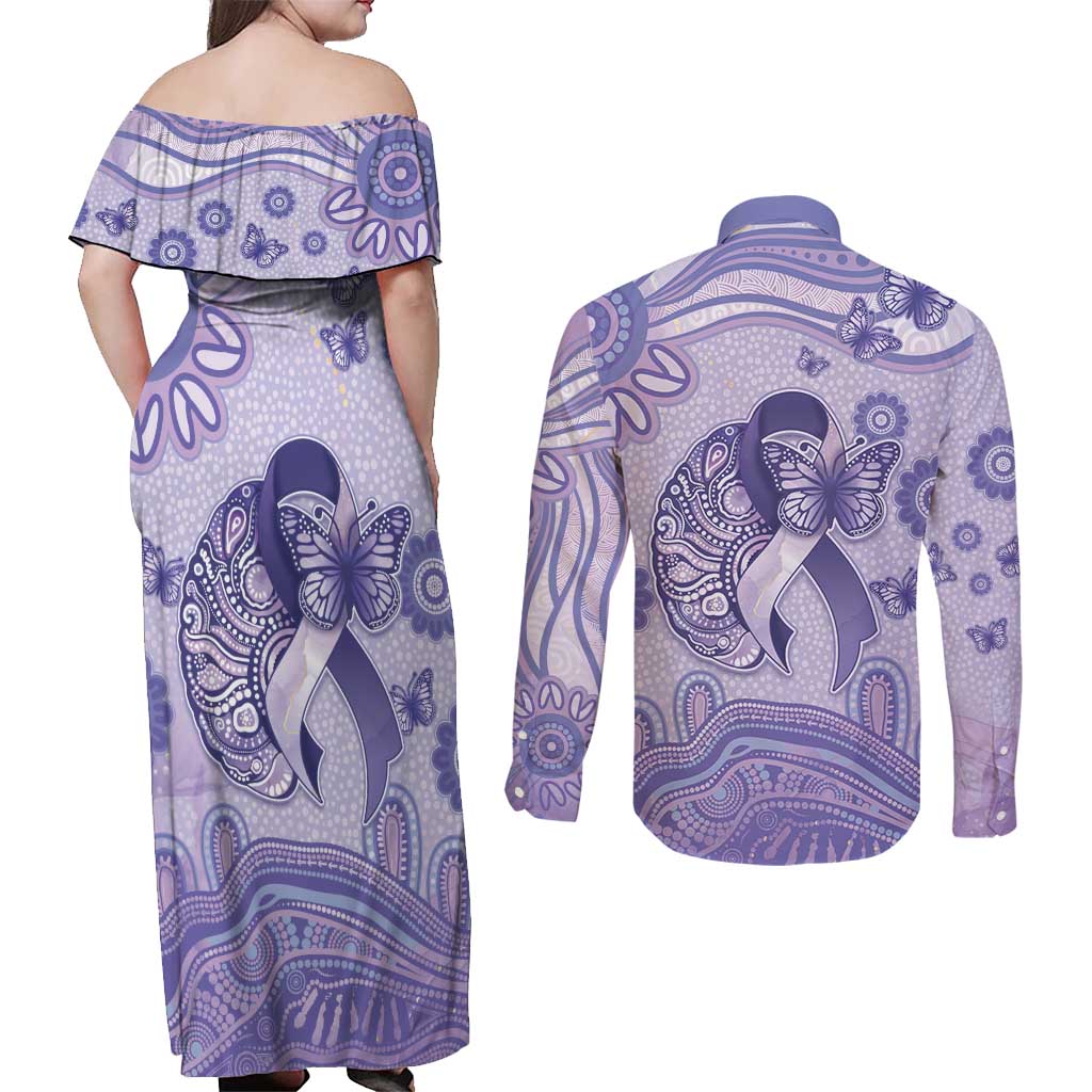 Personalised Epilepsy Awareness Couples Matching Off Shoulder Maxi Dress and Long Sleeve Button Shirt Purple Ribbon Butterfly And Brain Aboriginal Art