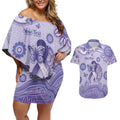 Personalised Epilepsy Awareness Couples Matching Off Shoulder Short Dress and Hawaiian Shirt Purple Ribbon Butterfly And Brain Aboriginal Art
