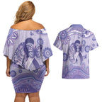 Personalised Epilepsy Awareness Couples Matching Off Shoulder Short Dress and Hawaiian Shirt Purple Ribbon Butterfly And Brain Aboriginal Art