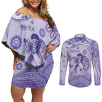 Personalised Epilepsy Awareness Couples Matching Off Shoulder Short Dress and Long Sleeve Button Shirt Purple Ribbon Butterfly And Brain Aboriginal Art