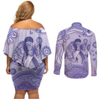 Personalised Epilepsy Awareness Couples Matching Off Shoulder Short Dress and Long Sleeve Button Shirt Purple Ribbon Butterfly And Brain Aboriginal Art