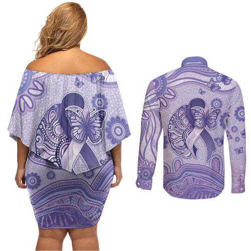 Personalised Epilepsy Awareness Couples Matching Off Shoulder Short Dress and Long Sleeve Button Shirt Purple Ribbon Butterfly And Brain Aboriginal Art