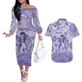 Personalised Epilepsy Awareness Couples Matching Off The Shoulder Long Sleeve Dress and Hawaiian Shirt Purple Ribbon Butterfly And Brain Aboriginal Art