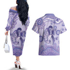 Personalised Epilepsy Awareness Couples Matching Off The Shoulder Long Sleeve Dress and Hawaiian Shirt Purple Ribbon Butterfly And Brain Aboriginal Art