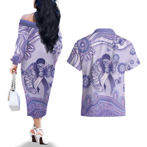 Personalised Epilepsy Awareness Couples Matching Off The Shoulder Long Sleeve Dress and Hawaiian Shirt Purple Ribbon Butterfly And Brain Aboriginal Art