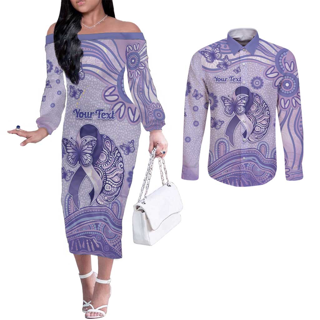 Personalised Epilepsy Awareness Couples Matching Off The Shoulder Long Sleeve Dress and Long Sleeve Button Shirt Purple Ribbon Butterfly And Brain Aboriginal Art