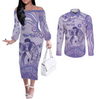 Personalised Epilepsy Awareness Couples Matching Off The Shoulder Long Sleeve Dress and Long Sleeve Button Shirt Purple Ribbon Butterfly And Brain Aboriginal Art