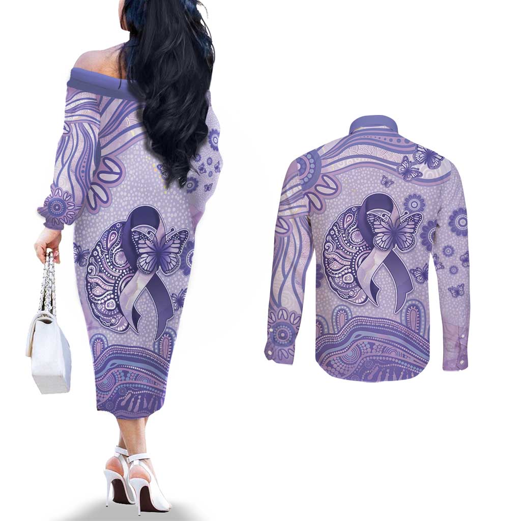 Personalised Epilepsy Awareness Couples Matching Off The Shoulder Long Sleeve Dress and Long Sleeve Button Shirt Purple Ribbon Butterfly And Brain Aboriginal Art