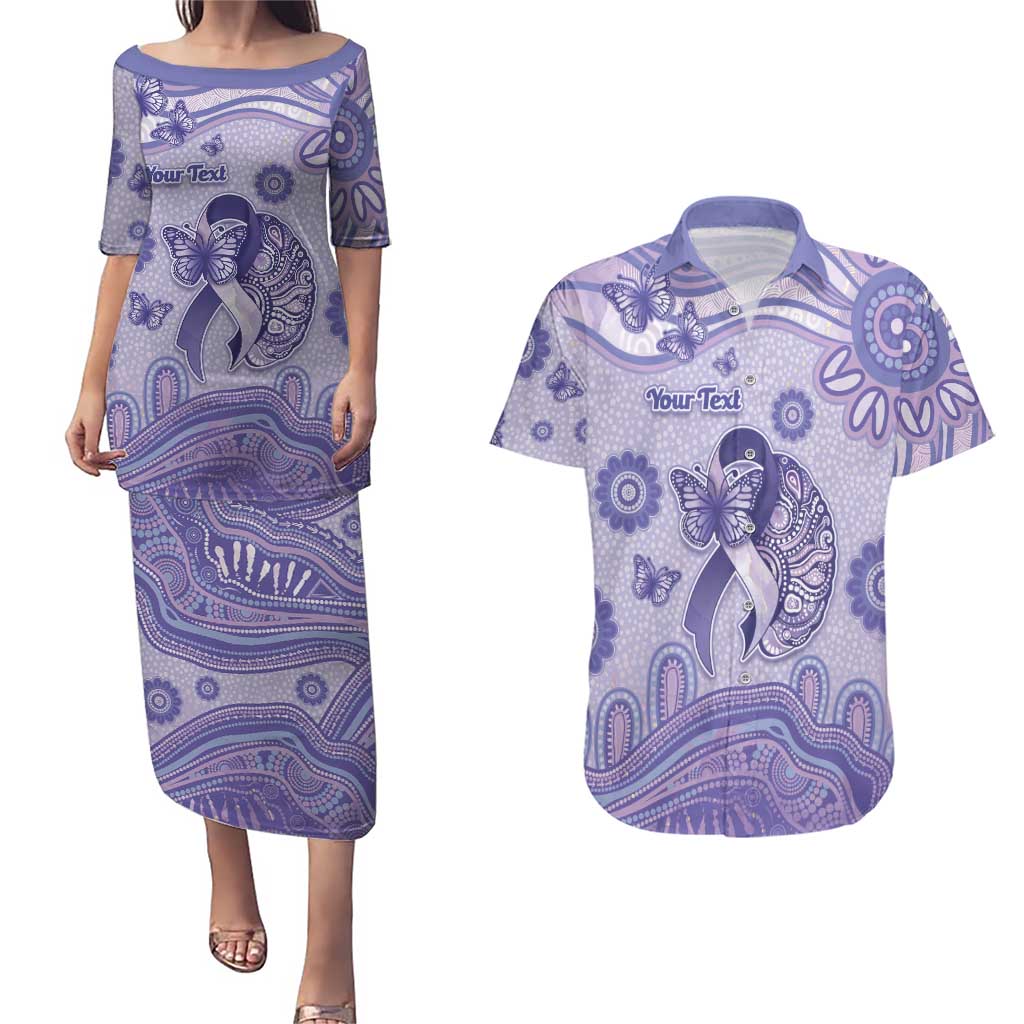 Personalised Epilepsy Awareness Couples Matching Puletasi and Hawaiian Shirt Purple Ribbon Butterfly And Brain Aboriginal Art