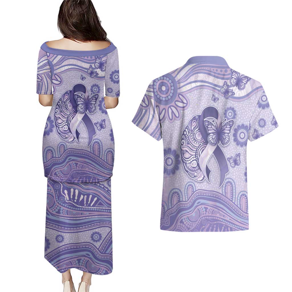 Personalised Epilepsy Awareness Couples Matching Puletasi and Hawaiian Shirt Purple Ribbon Butterfly And Brain Aboriginal Art