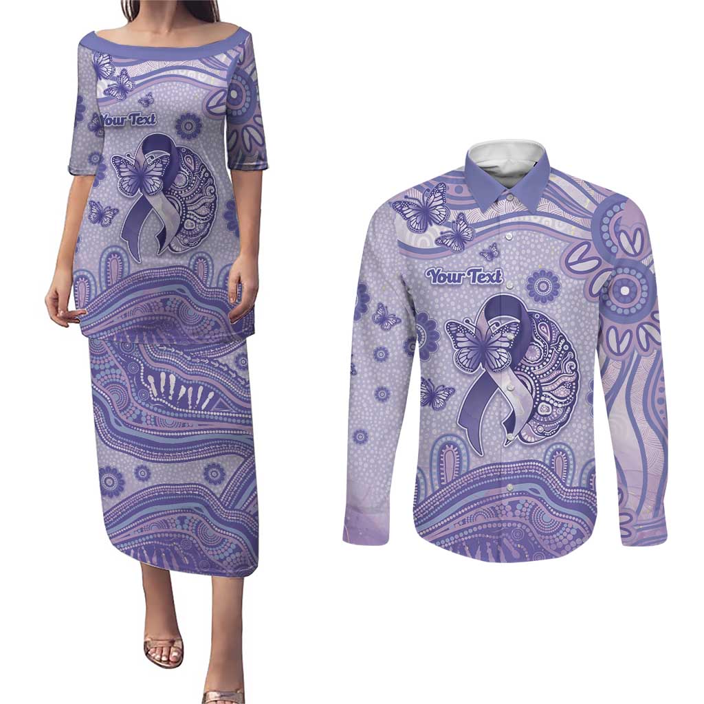 Personalised Epilepsy Awareness Couples Matching Puletasi and Long Sleeve Button Shirt Purple Ribbon Butterfly And Brain Aboriginal Art