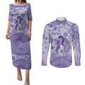 Personalised Epilepsy Awareness Couples Matching Puletasi and Long Sleeve Button Shirt Purple Ribbon Butterfly And Brain Aboriginal Art