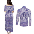 Personalised Epilepsy Awareness Couples Matching Puletasi and Long Sleeve Button Shirt Purple Ribbon Butterfly And Brain Aboriginal Art