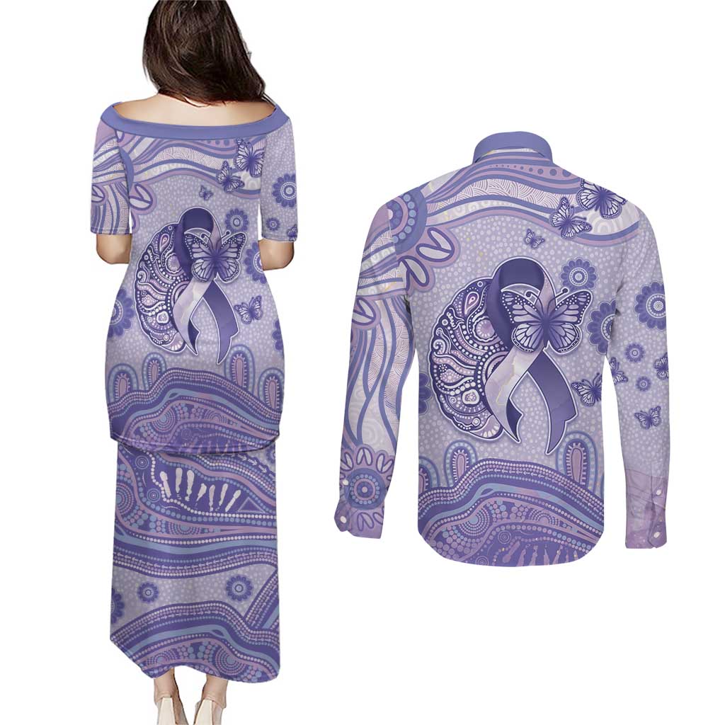 Personalised Epilepsy Awareness Couples Matching Puletasi and Long Sleeve Button Shirt Purple Ribbon Butterfly And Brain Aboriginal Art