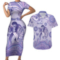 Personalised Epilepsy Awareness Couples Matching Short Sleeve Bodycon Dress and Hawaiian Shirt Purple Ribbon Butterfly And Brain Aboriginal Art